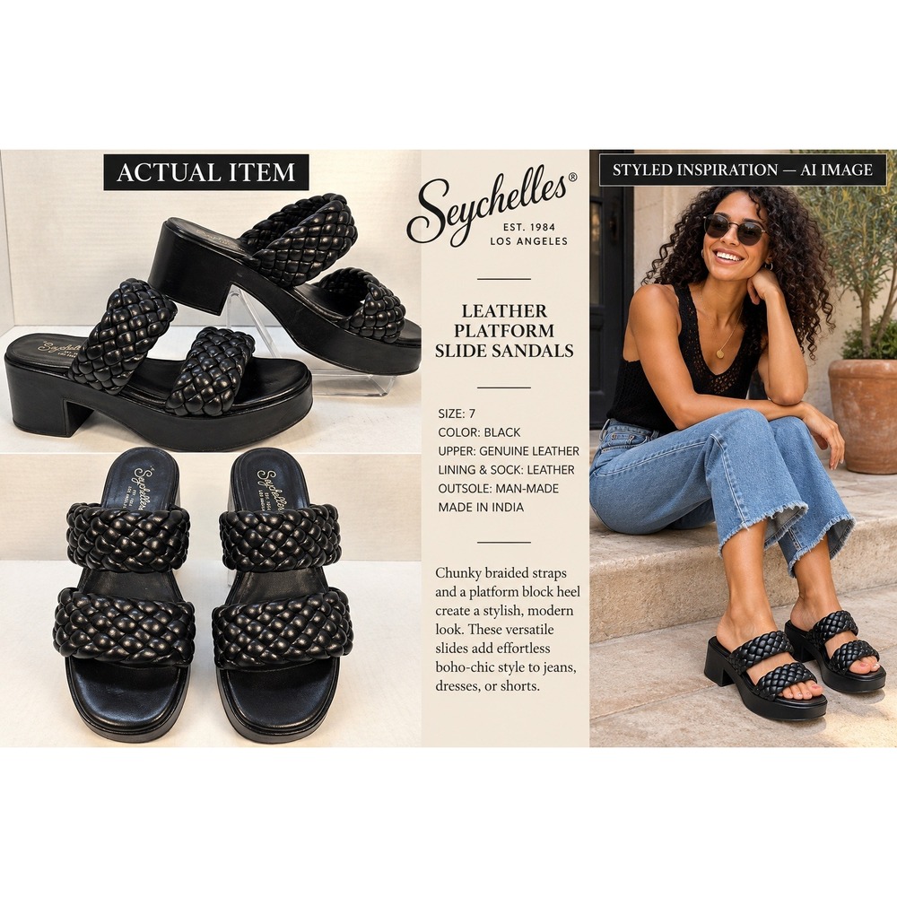 Seychelles Platform Slide Sandals Womens Leather Braided Black 7 NWOT EUC Boho